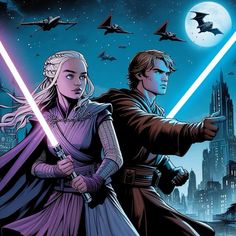 the cover to star wars, featuring two people with lightsabers