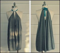 two pictures of the same dress on mannequins, one with a blue ribbon