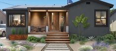 this is an artist's rendering of a small house in the desert with landscaping