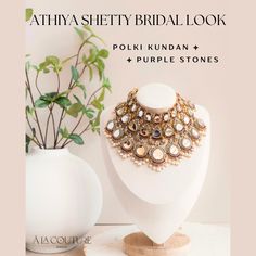 Let the enchanting bridal vibe of Athiya Shetty become an inspiration for your big day bliss, exuding sophistication and grace with every wear! Discover the epitome of royal splendor with Athiya Shetty inspired heritage set, masterfully crafted with the luminous allure of polki kundan, resplendent purple stones, and dazzling zircons. This exquisite set captures the essence of tradition and grandeur, perfect for those who cherish the elegance of heritage and the charm of timeless beauty. The set Heritage Jewellery, Celeb Style, Couture Jewelry, Waist Chain, Purple Stones, Head Accessories, Celebrity Look, Bridal Set, Gift Card Shop