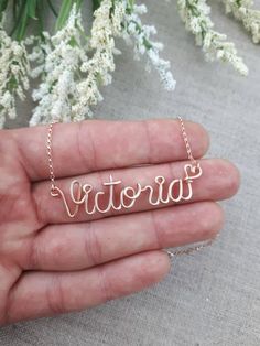 Handcrafted Personalized Jewelry Gifts --- Free Shipping on All Items!This elegant name necklace is sure to impress!  100% handcrafted with love and the highest quality materials, customize this necklace for a lovely personalized gift for your bridal party.Choose any word or name you like up to 10 letters to personalize this necklace. The necklace will be made with the little heart after the name. If you prefer I can leave the heart off - just let me know in the note box when checking out.Matchi Wire Lettering, Wire Name, Girls Personalized Gifts, Diamond Initial Necklace, Gold Letter Necklace, Choker Pendant, Gold Name Necklace, Diamond Cross Pendants, Note Box