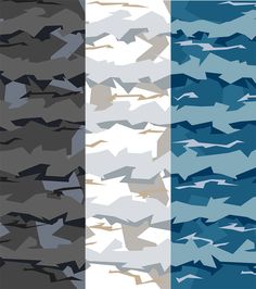 four different color variations of the same camouflage pattern, each with an image of birds in flight