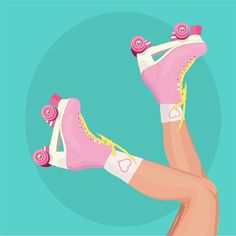 a woman's legs with roller skates and pink shoes on top of them