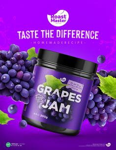 grape jam with grapes on the side and leaves around it in front of a purple background