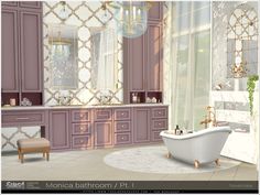 a bathroom with purple cabinets and a white bathtub in the middle of the room