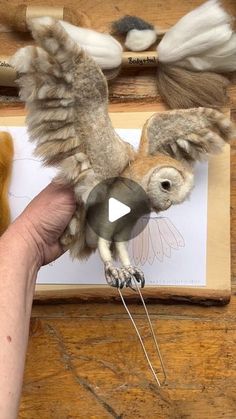 an owl is being held up by someone's hand while they are working on something