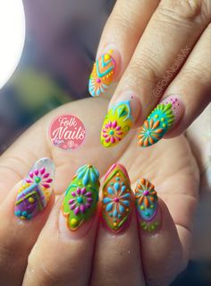 Serape Nails, Folk Nails, Mexican Themed Nails Acrylic, Talavera Nails, Fiesta Nails, Disney Gel Nails, Dead Nails