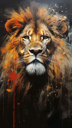 a painting of a lion's face on a black background