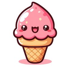 an ice cream cone with pink icing and smiling faces on it's face