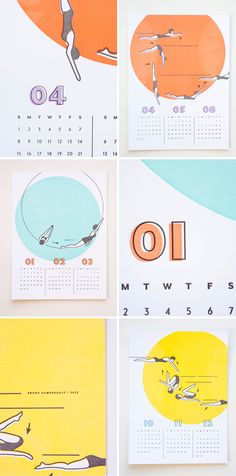 four calendars with different images of people in the water and numbers on them, each showing