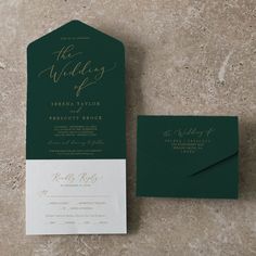 the wedding stationery is green and white with gold calligraphy on it's envelope