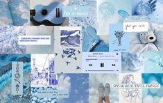 a collage of blue and white images