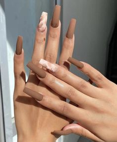 Matt Brown Acrylic Nails, Black And Skin Color Nails, All Brown Nails Design, Cheap Nail Ideas Acrylic Long, Brown Nails Acrylic Matte, White And Light Brown Nails, Brown Matte Acrylic Nails, Acrylic Nails Brown Nude, Matte Square Acrylic Nails