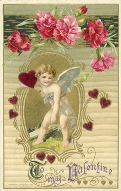 an old fashioned valentine's day card with a cupid angel surrounded by flowers