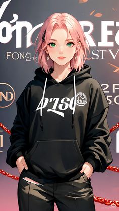 a woman with pink hair and green eyes wearing a black hoodie standing in front of a red carpet