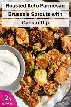 roasted keto parmesan brussel sprouts with ceasa dip