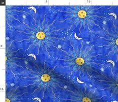 the sun and moon are depicted in this blue, watercolored fabric pattern with stars