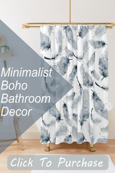 a shower curtain with the words minimalist boho bathroom decor click to purchase