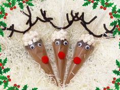 three reindeer antlers with red noses on a green and white background