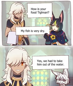 two anime comics with one saying, how is your food tigina? my fish is very dry yes, we had to take him out of the water