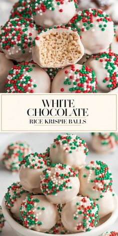 A festive arrangement of white chocolate-coated Rice Krispie balls, covered in colorful red, green, and white sprinkles. One Rice Krispie ball is cut open, revealing the crunchy rice cereal center. The treats are piled into a bowl, perfect for holiday parties and Christmas desserts. The middle of the image displays a text box that reads "White Chocolate Rice Krispie Balls," adding a clean and elegant touch to the presentation. Holiday Krispie Treats, Rice Krispies Dipped In Chocolate, Christmas Baking White Chocolate, Christmas Party Baked Goods, Rice Krispy Christmas Tree, Rice Krispie Treat Balls, White Chocolate Holiday Treats, Christmas Popcorn Balls Holiday Treats, Easy Christmas Rice Krispie Treats