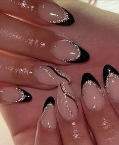 Nails For Fancy Occasions, New Year’s Eve Nails Black And Silver, Black Dressy Nails, Sparkly Black Nails French Tips, New Year Almond Nails Design, Black And Glitter Almond Nails, Gel Nail Designs Nye, Cute New Years Nails Almond, New Years Acrylic Nail Ideas