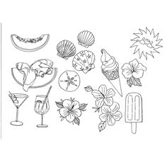 a line drawing of different types of food and drinks on a white background, including an ice cream sundae