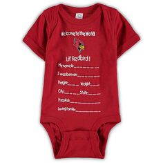 Introduce the newest member of the Illinois State Redbirds fan club with this Welcome to the World bodysuit. It features the Illinois State Redbirds logo printed on the front and spaces to fill in personal details. The snaps and lap shoulder neckline also make it easy to dress your tiny team supporter.Introduce the newest member of the Illinois State Redbirds fan club with this Welcome to the World bodysuit. It features the Illinois State Redbirds logo printed on the front and spaces to fill in Red Short Sleeve Cotton Bodysuit, Red Cotton Short Sleeve Bodysuit, Casual Red Cotton Bodysuit, Red Fitted Cotton Bodysuit, Illinois State, Infant Boys, Girls Red, One Piece Outfit, Welcome To The World