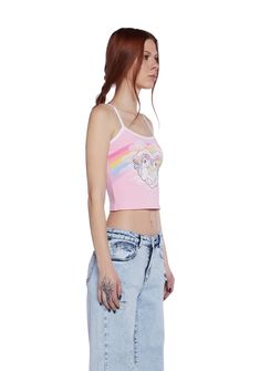 cuz fly on a cloud with this pony! This tank top has a ribbed construction, contrast colored spaghetti straps, a racerback design, a cropped fit, an embroidered My Little Pony logo on the back, and a Starshine cloud rainbow heart graphic on the front. Pink Y2k Cami Crop Top, Pink Spring Crop Top For Streetwear, Spring Pink Crop Top For Streetwear, Pink Crop Top For Summer Streetwear, Pink Crop Top For Spring Streetwear, Pink Crop Top For Streetwear In Spring, Pink Tank Top For Summer Streetwear, Pink Tank Top For Streetwear In Summer, Trendy Pink Tank Top For Streetwear