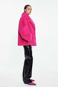 Stand Studio Savannah Jacket - Fuchsia Chic Oversized Faux Fur Coat, Erin Robertson, Stand Studio, Leather Pieces, Notched Collar, Sustainable Materials, Running Women, Lifestyle Brands, Savannah Chat