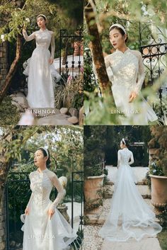 four different images of the same woman in wedding dresses