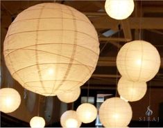 several white paper lanterns hanging from the ceiling