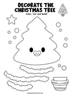 a christmas tree cut out with the words, decorate the christmas tree color and build