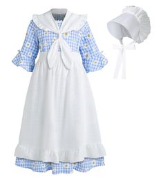 PRICES MAY VARY. Four Pieces Pioneer Dresses for Girls -- A plaid flowers long prairie dress, a white ruffle hem shawl, a white half apron and a pioneer bonnet. The girls colonial dresses would be perfect for who wants to be Laura Ingalls Wilder. Soft Material -- The girls pioneer costume is made of high quality cotton blend fabric, it's very comfortable to dress on your girl with this skin-friendly and breathable fabric. Gentle machine wash or hand wash, tumble dry low or hang dry, do not expos Pioneer Girl Costume, Little House On The Prairie Dress, Colonial Dresses, Pioneer Dresses, Pioneer Bonnet, Colonial Costume, Pioneer Costume, Pilgrim Costume, Pioneer Dress