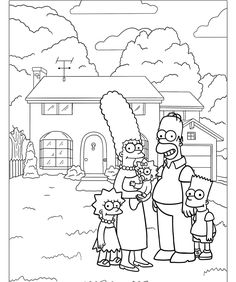 the simpsons family is in front of their house, coloring pages for adults and children