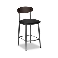 a black stool with a wooden seat and metal frame