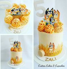 the cake is decorated with cartoon cats and pumpkins