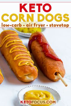 keto corn dogs with mustard and ketchup