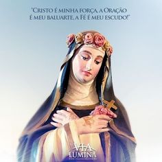 an image of the virgin mary holding a cross in her hands with words above it