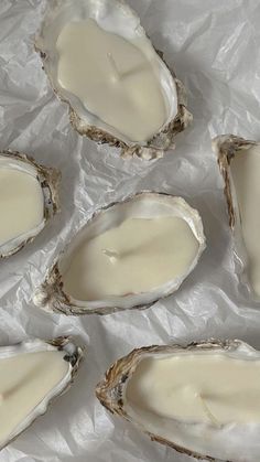 six open oysters sitting on top of white paper