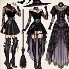 three women dressed up in gothic clothing and hats, one wearing a witch costume while the other is holding a broom