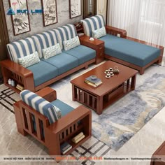 a living room with blue and white striped couches, coffee table and end tables