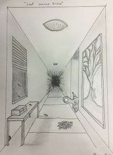 a drawing of a hallway with an open door