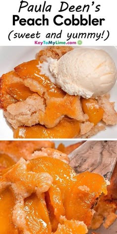 this peach cobbler is made with fresh peaches and topped with vanilla ice cream