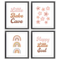 four framed art prints with the words, happy little soul and rainbows on them