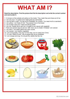 what am i? worksheet with pictures of food and vegetables to help students learn