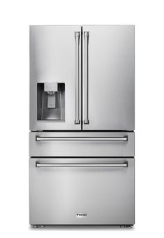 a stainless steel refrigerator freezer with water dispenser and ice maker on the door