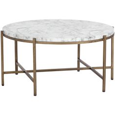 a white marble top coffee table with gold metal frame legs and an oval shaped base