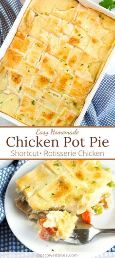 chicken pot pie on a white plate with a blue and white checkered table cloth