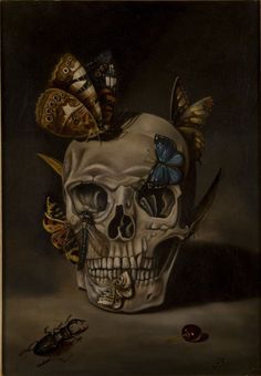 a skull with many butterflies on it's head and two bugs in the background